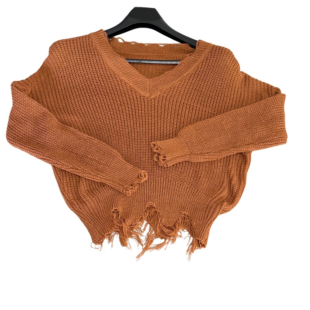 Women's Cropped Rust Distressed Knit Sweater— Size XL